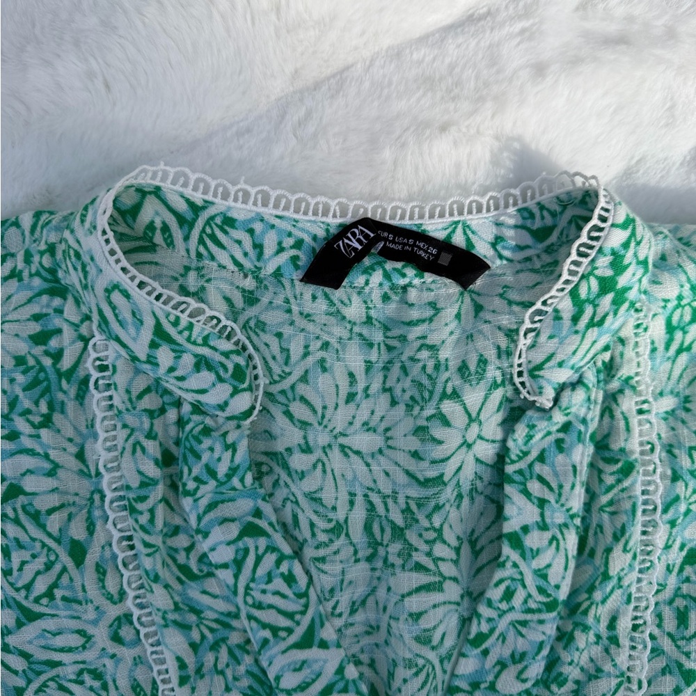 Zara Green Floral Mini Dress Swimsuit Cover Up Flowy Boho Spring Summer - Picture 9 of 9